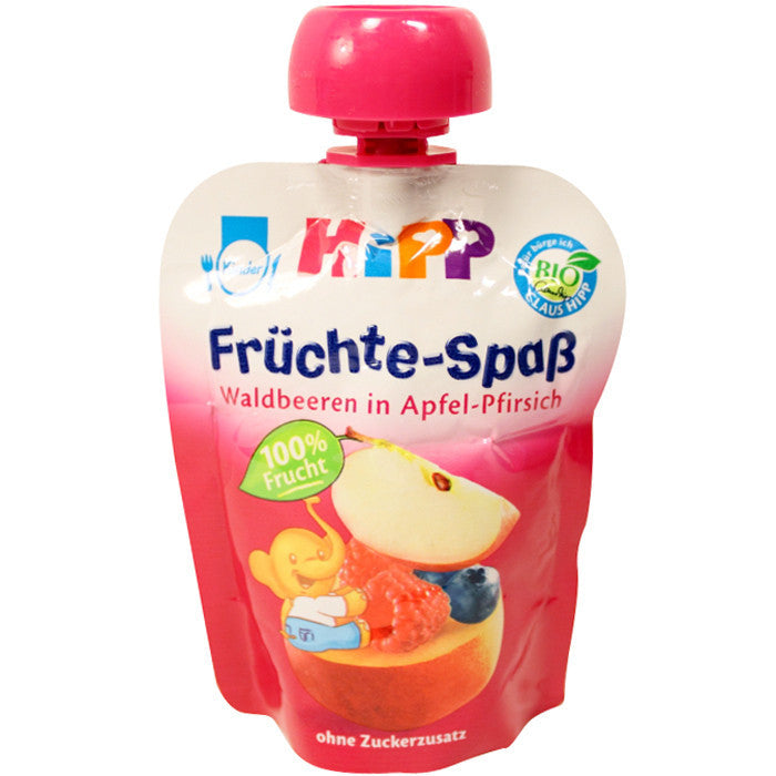 喜宝有机果泥吸吸乐 野莓、苹果和桃子味 六包装 每包90g - 6er 90g Hipp Früchte-Spaß Waldbeeren in Apfel-Pfirsich