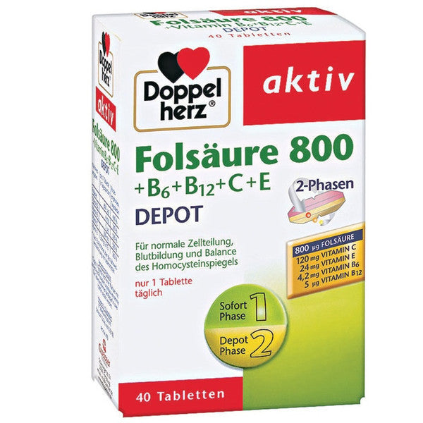 双心叶酸800+维生素B6 B12 C & E 复合片 40粒 - Doppelherz aktiv Folsäure 800 + B6 B12 C & E 40 Tabletten