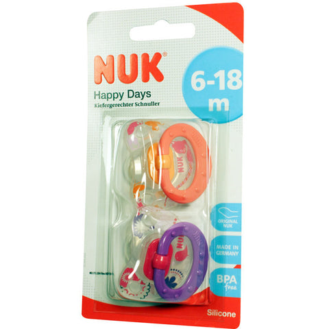 NUK Happy Days正齿硅胶安抚奶嘴 2号（6-18个月）2个装，粉红色 - NUK Happy Days Kiefergerechter Schnuller Silikon Gr. 2, rosa-lila
