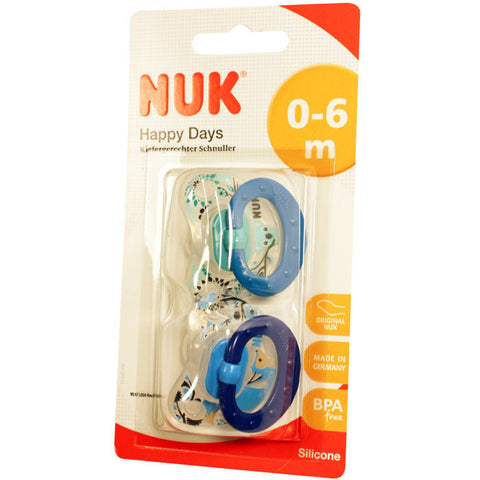 NUK Happy Days正齿硅胶安抚奶嘴 1号（0-6个月）2个装，蓝色 - NUK Happy Days Kiefergerechter Schnuller Silikon Gr. 1, blau