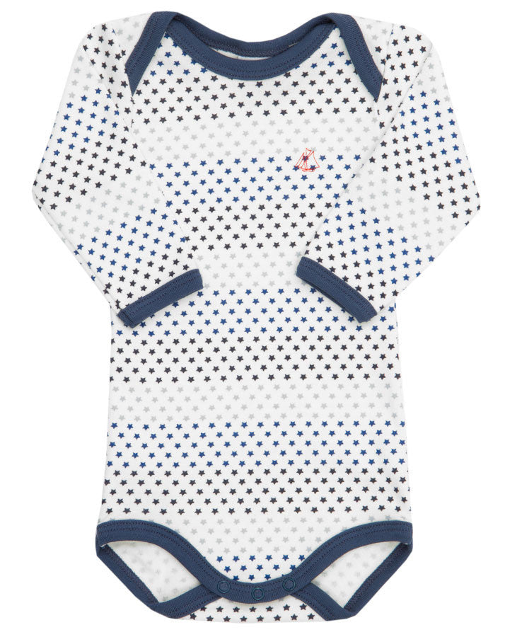 Petit Bateau满天星图案长袖紧身连衣裤白色加蓝色 - Body mit Langarm und Sternen in blau/weiß