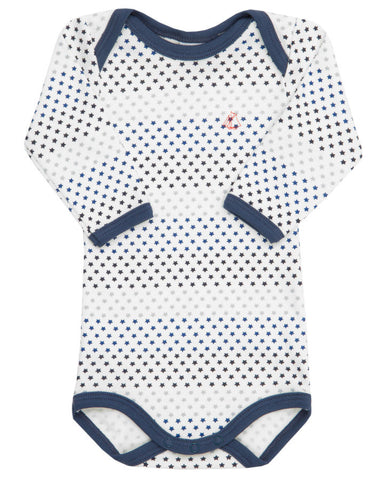 Petit Bateau满天星图案长袖紧身连衣裤白色加蓝色 - Body mit Langarm und Sternen in blau/weiß